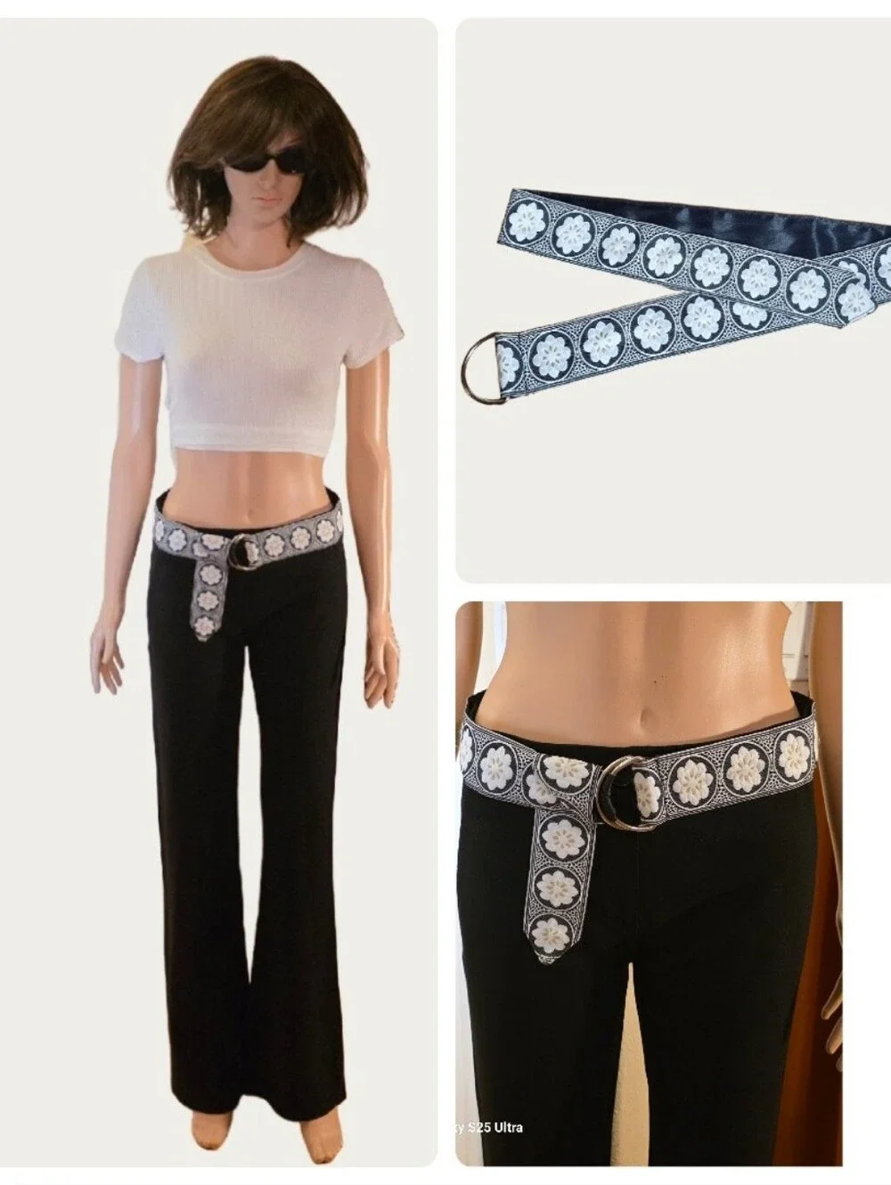 Woven Floral Accent Belt in Black and White